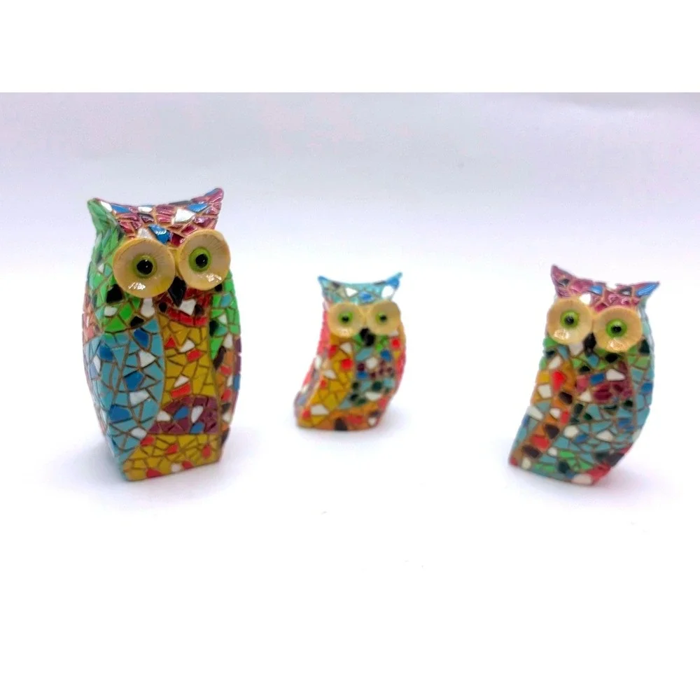 Mosaic Style Owl Gaudi Style Figurine Set 3in 2in 1.5in Multicolor Resin Decor